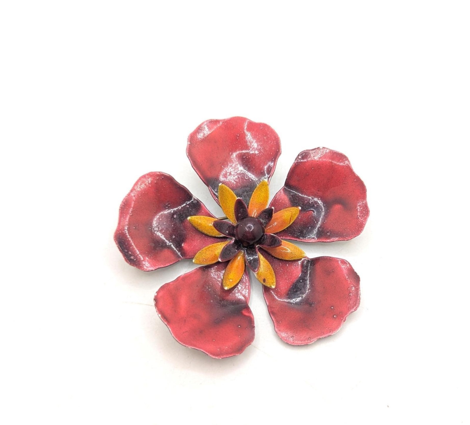 Vintage Poppy Flower Red Orange Brooch Lapel Pin Enamel Floral Costume Jewelry