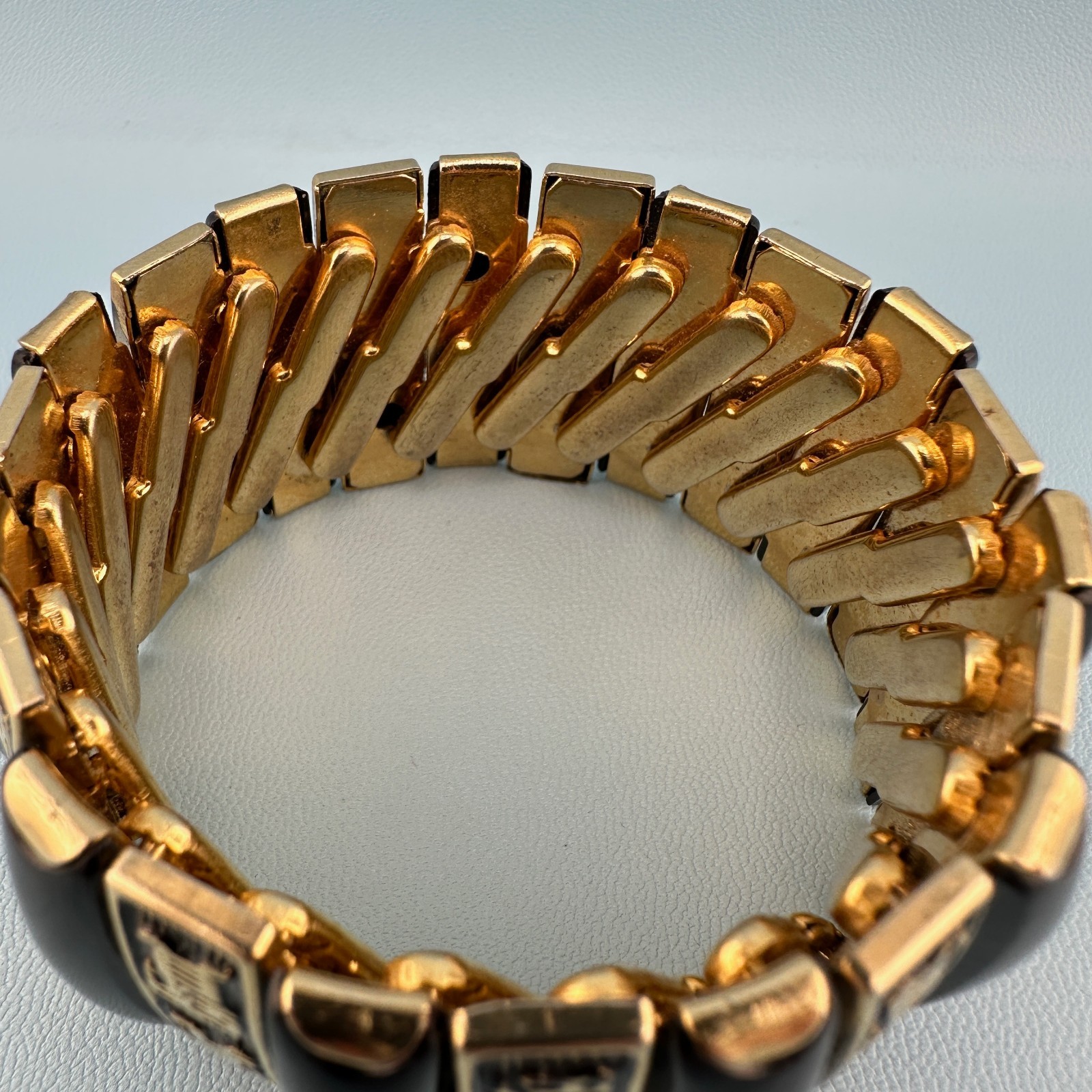 Vintage Bracelet Asian Panel Bar Expandable Stretch Link Gold Tone Black Enamel