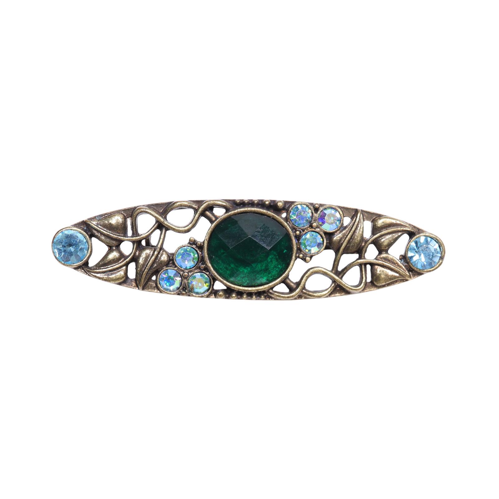 Green Blue Rhinestone Copper Look Brooch With Safety Clasp Closure – 2 Inches