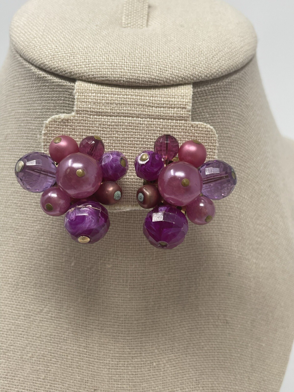 Vintage Zentall Purple Bead Cluster Clip On Earrings Faceted Crystal Faux Pearl