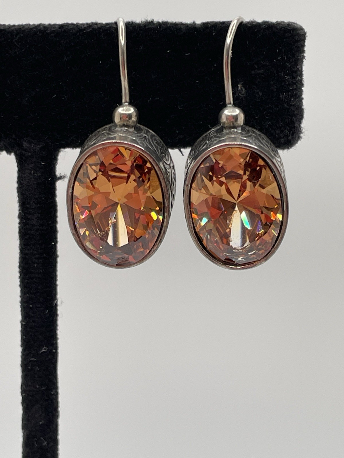 Vintage 925 Sterling Silver Dangle Drop Earrings Faceted Brownish Set Repousse