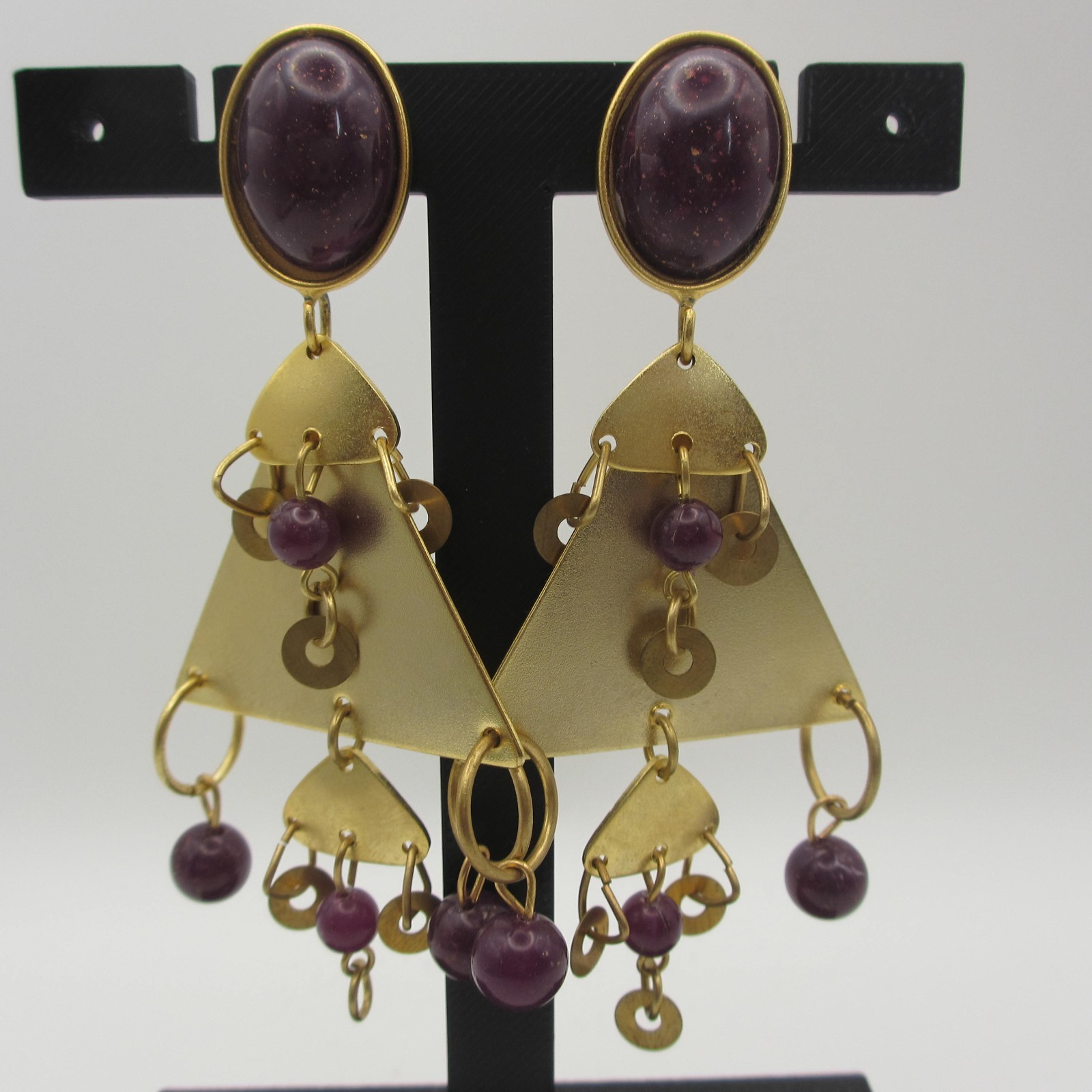 Vintage Statement Earrings Drop Dangle Triangles Purple Beads Bold Post Backs