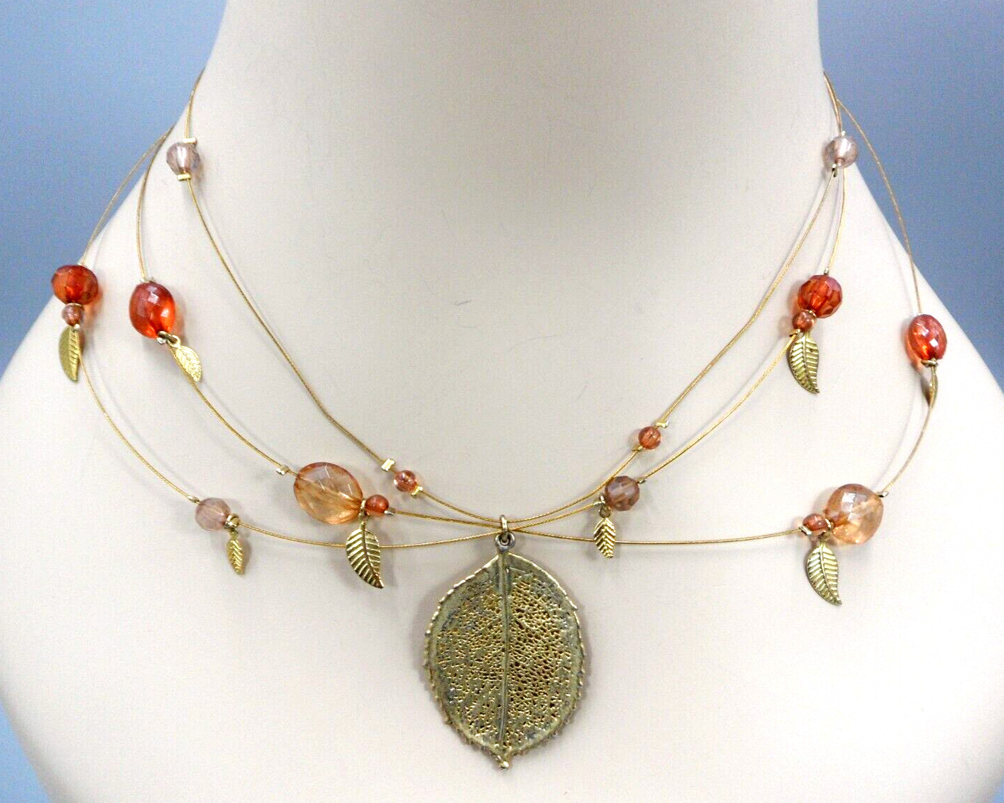 3 Strand Festoon Station Necklace Leaf Pendant Charms Peach Orange Mauve Beads