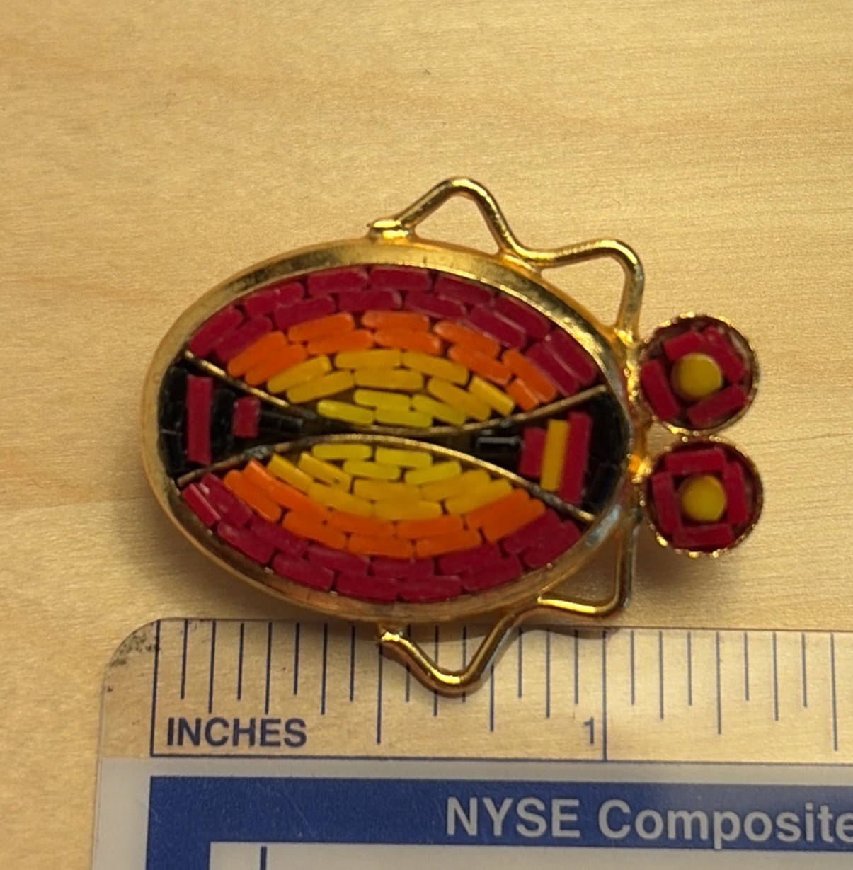VTG Micro Mosaic Pin Brooch ~ ITALY Gold Tone ~ Bug Insect Ladybug Beetle Scarab