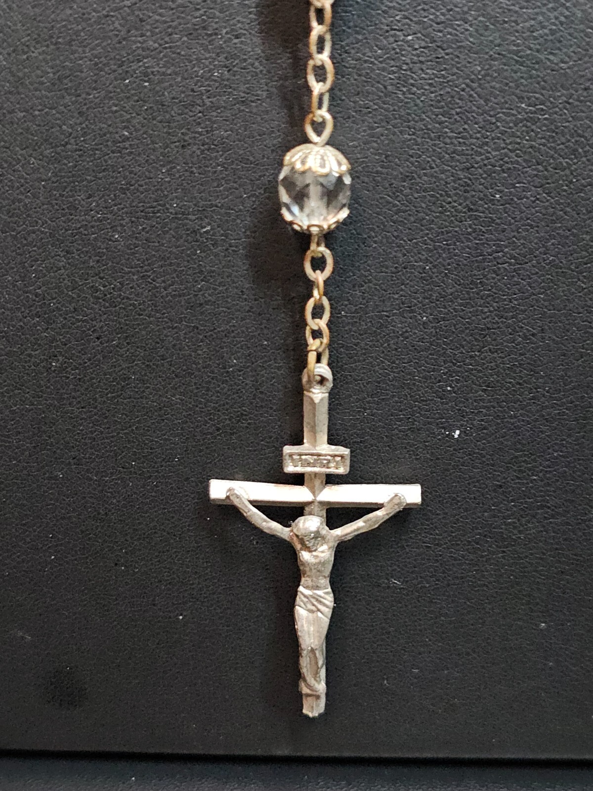 Vtg Crystal Glass Rosary Crucifix Necklace