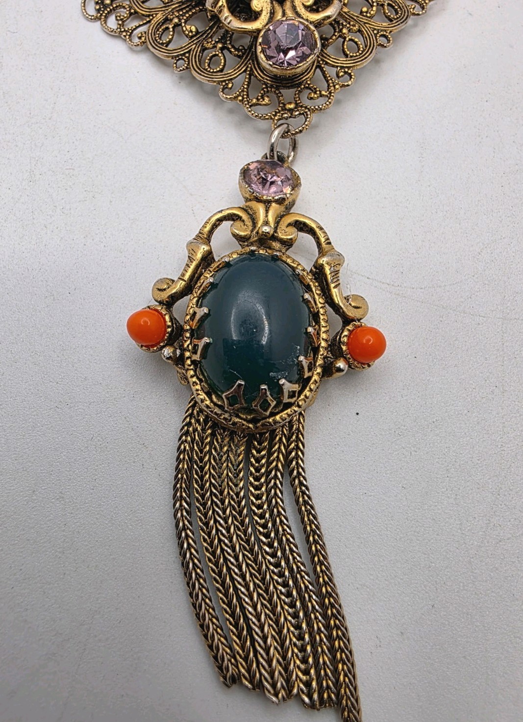 Vintage Large Green, Orange Cab & Purple Crystal 2 Tier Tassel Necklace – READ