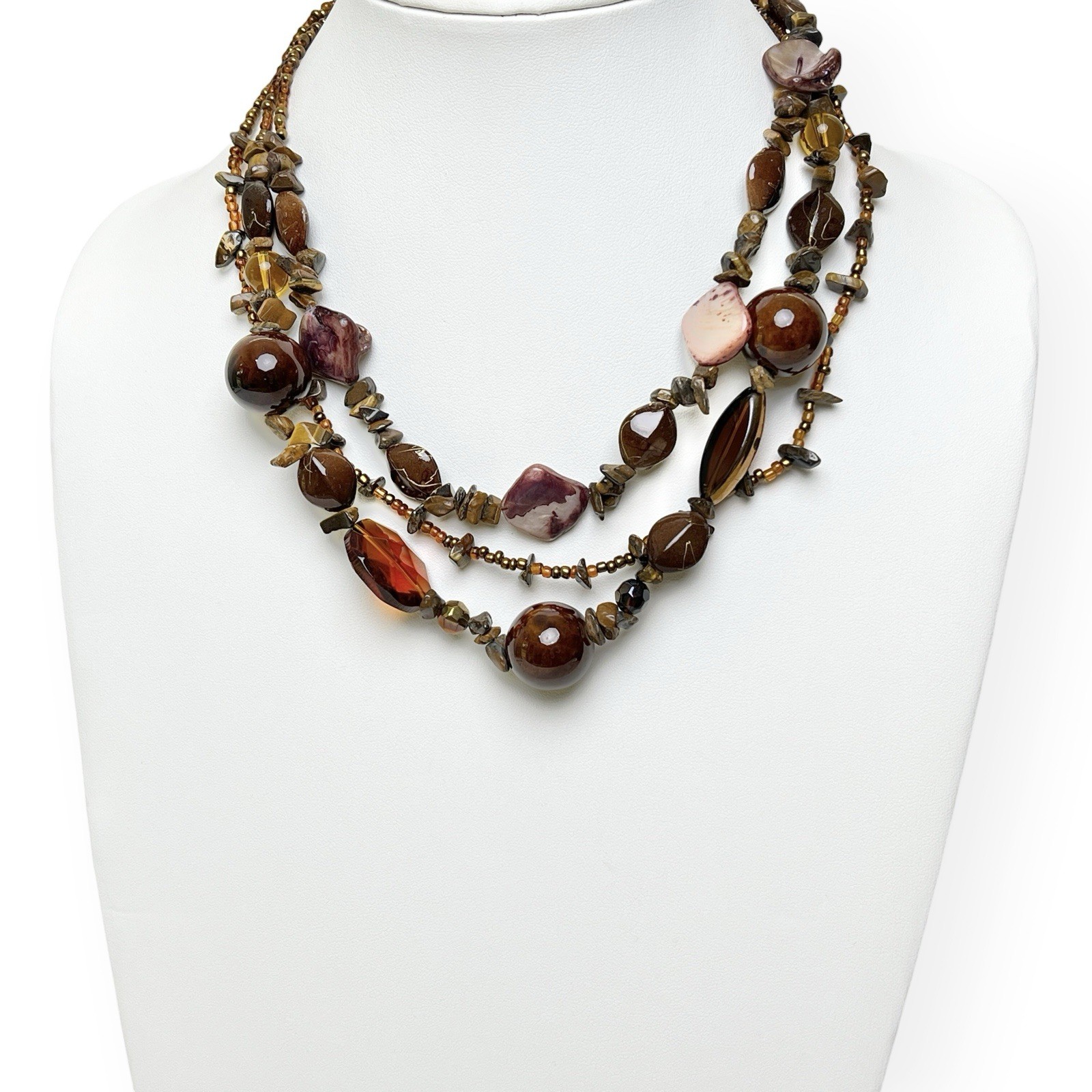 Multi Strand Beaded Necklace Earthy Natural Shell Glass Statement Boho Chic Vtg