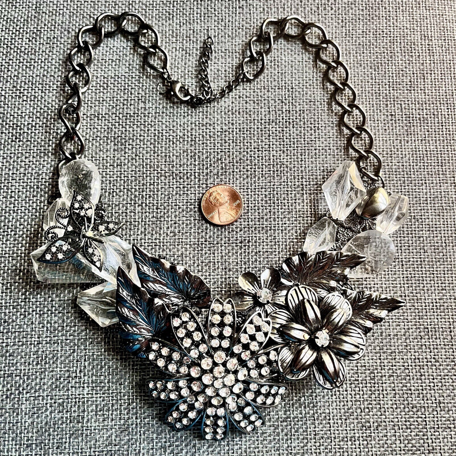 Goth Statement Necklace – Gunmetal & Crystal Floral Necklace – Chunky Necklace