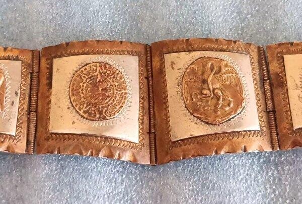 Vintage Mexico Sterling Silver Copper Panel Bracelet Mayan Calender Mixed Metal