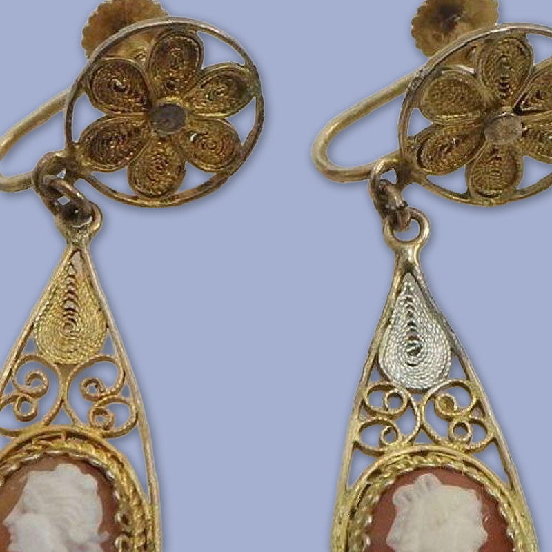 835 Silver Antique/Vintage Italian Carved Shell Cameo Earrings