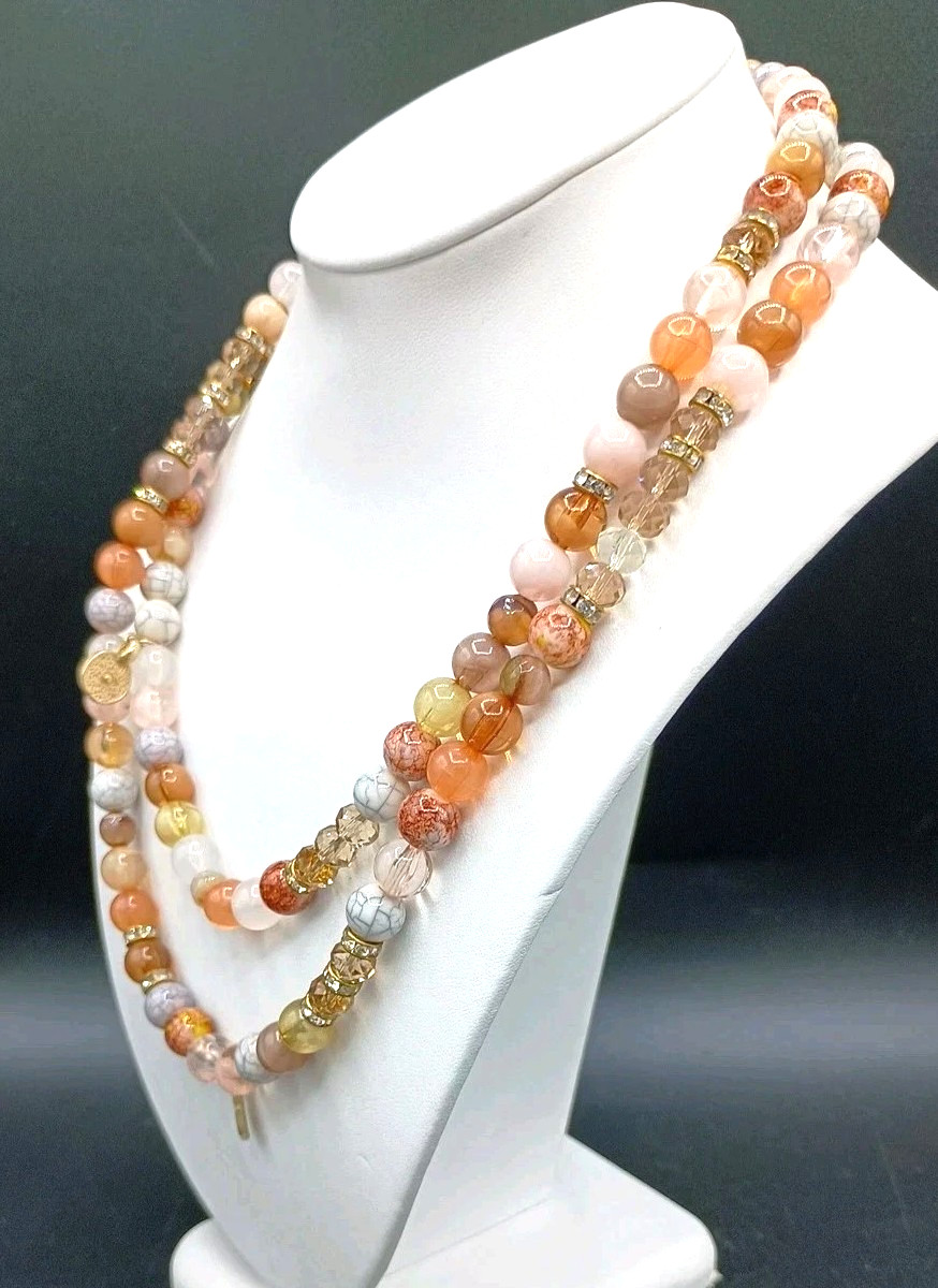 Chicos Multicolor Beaded Charm Station Stretch Necklace Crystal Flapper Long 42″