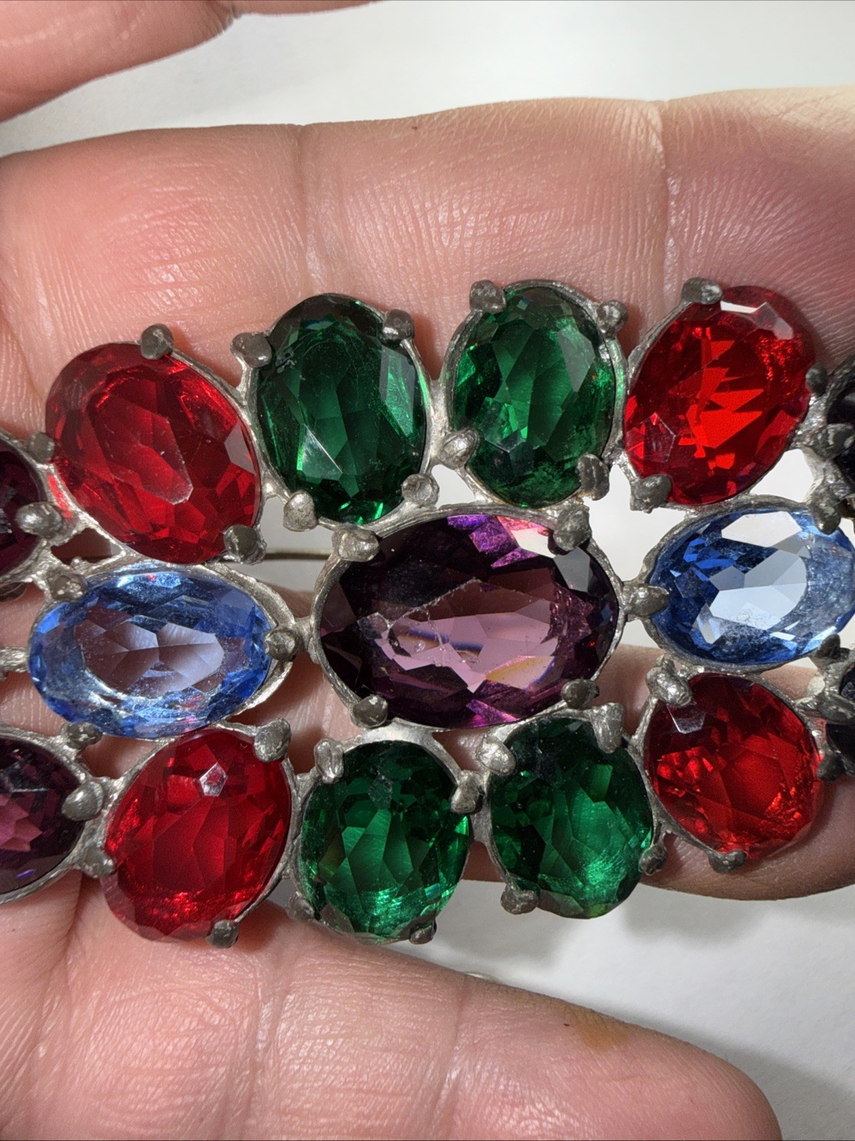 Pin Brooch Czech Art Deco Fruit salad Pot Metal 3.5” Open Back Stones Antique