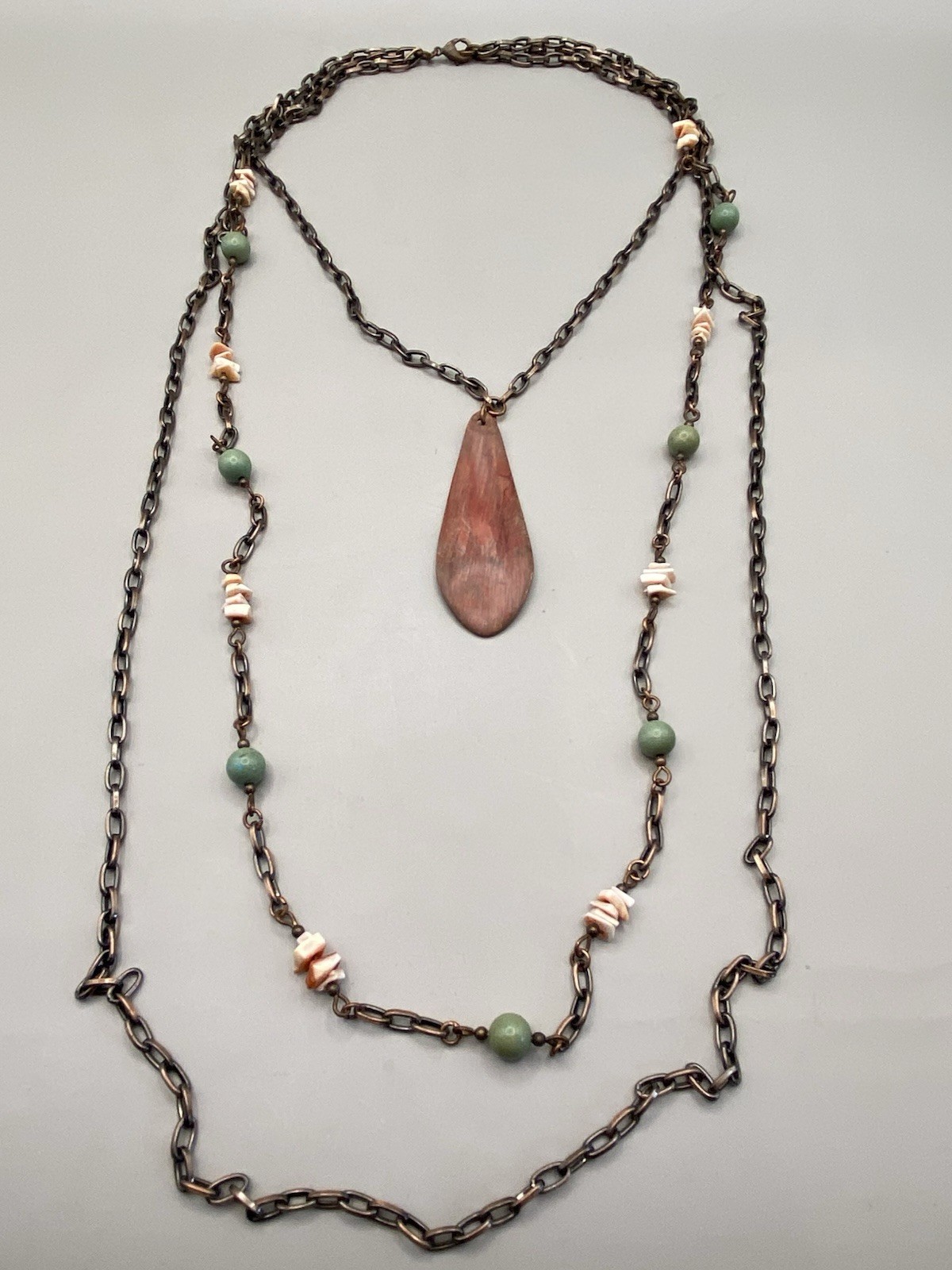 Vintage Three Chain Beaded Shell Necklace Acrylic Copper Tone Estate