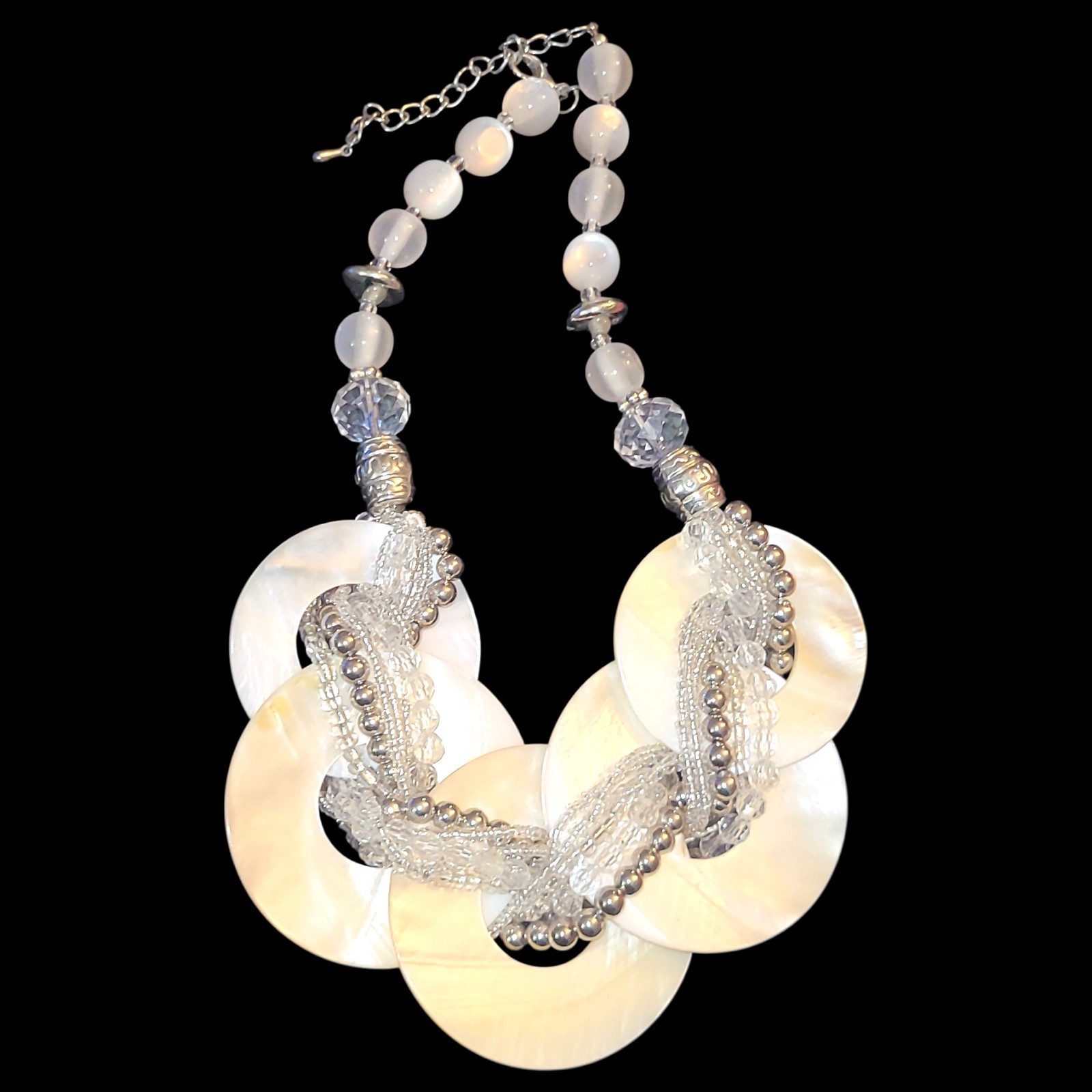 Shell Disc Statement Necklace Mother of Pearl Acrylic Beads Silver Tone 16-18in