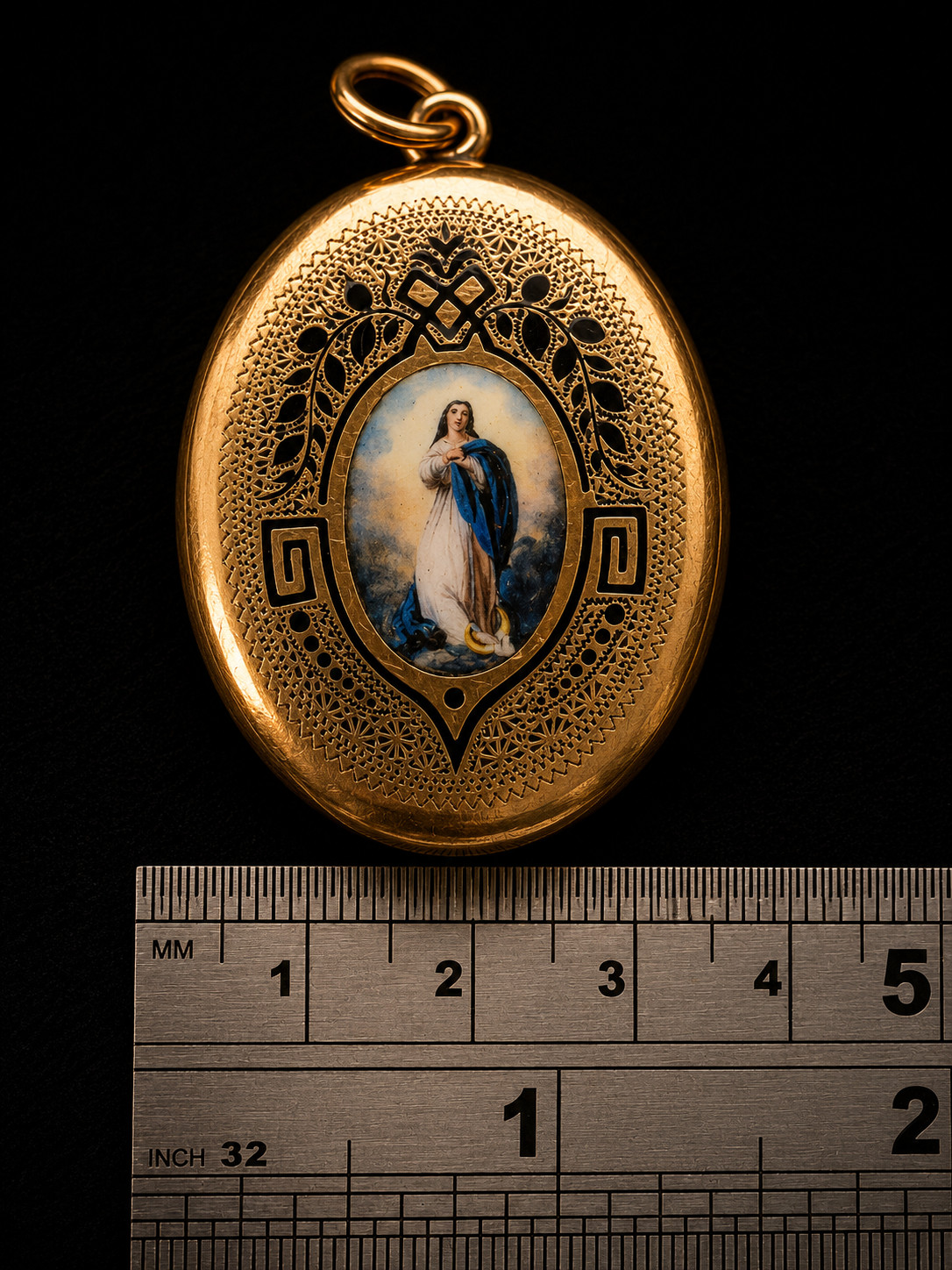 Antique Victorian 14K Gold Virgin Mary Enamel Locket Guilloche Religious Pendant