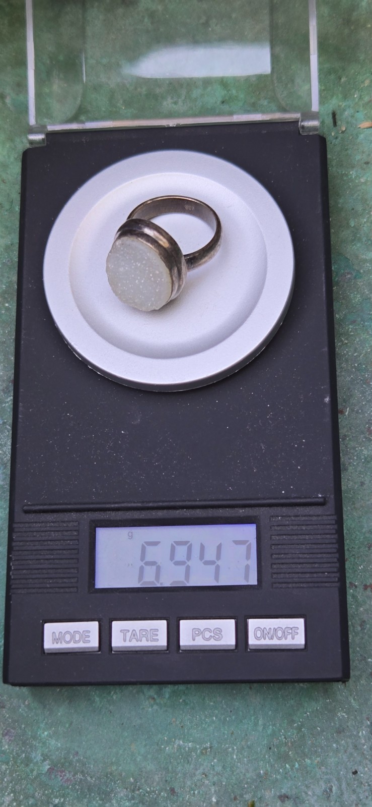 Vintage 925 Sterling Silver Agate Druzy Geode Stone Smooth Border Ring US Size 6