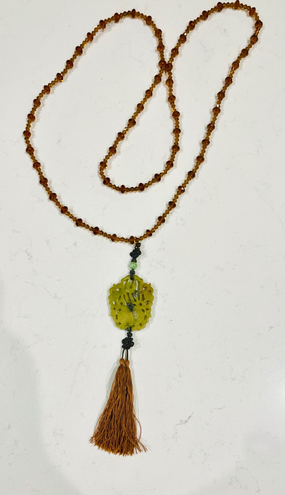 Vintage MCM Jade Pendant Necklace With Amber Glass Beads & Silk Tassel, STUNNING