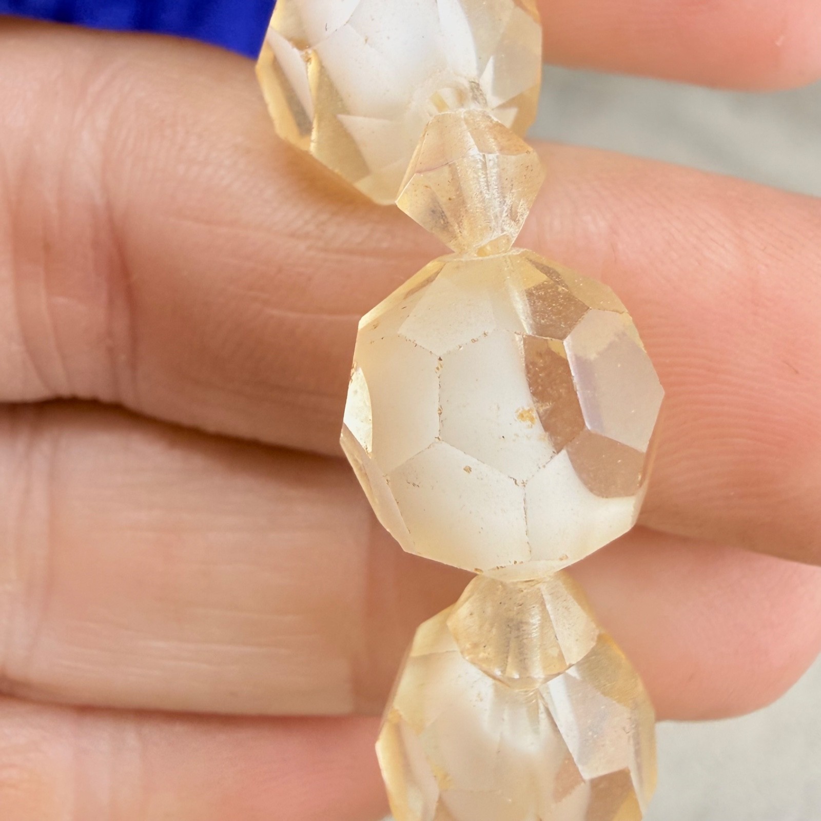 Vintage Faceted Glass Necklace Beaded White Clear Swirl 14”