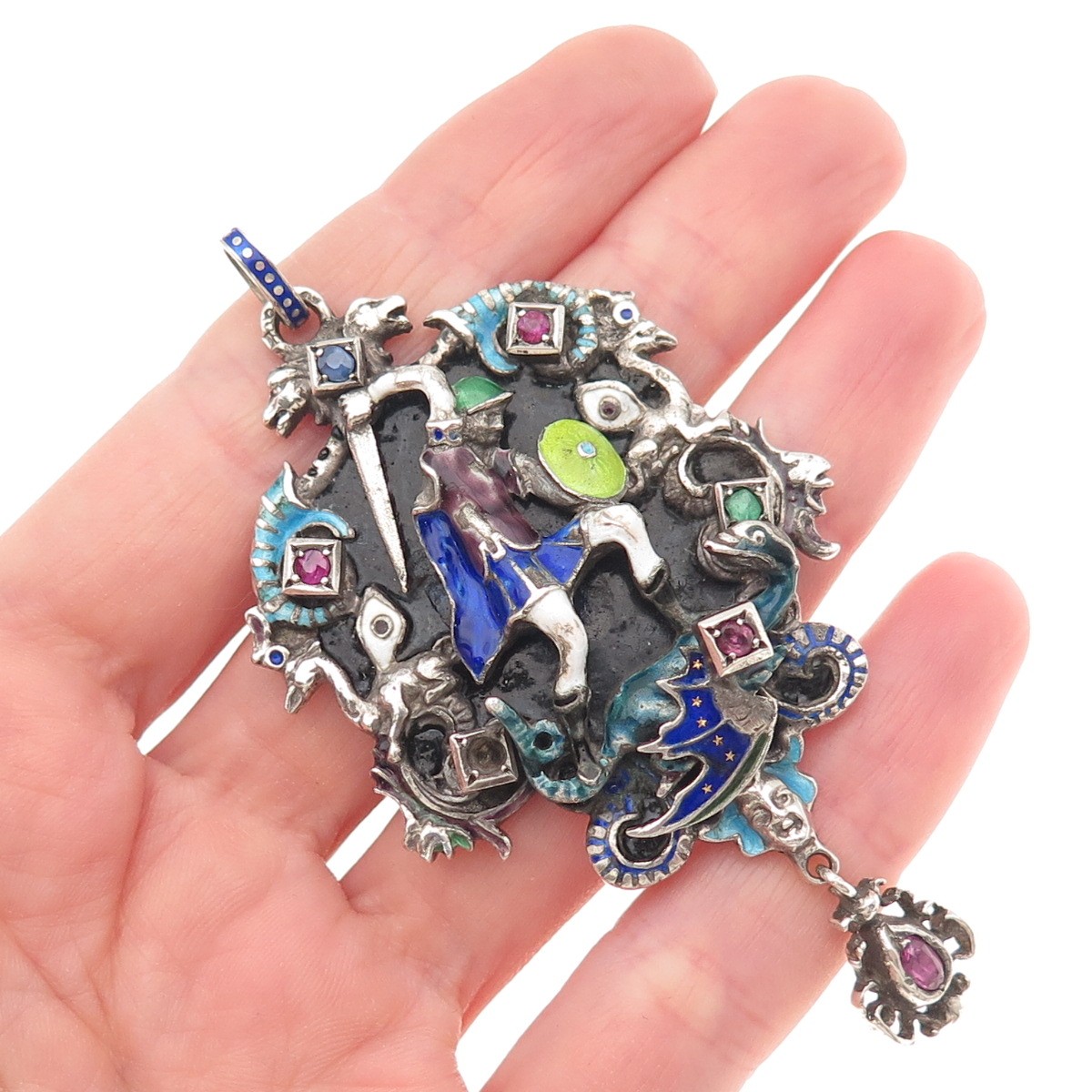 Antique Austro-Hungarian Silver Enamel Multi-Color Gem Pendant (missing 1 stone)