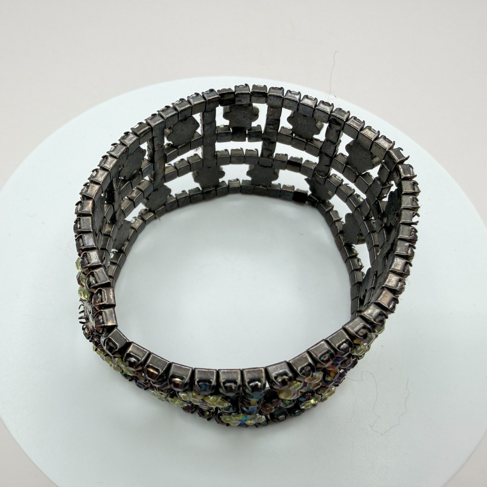 Vintage Gunmetal Rhinestone Cuff Bracelet Floral Grid Statement AB Y2K 90s Goth
