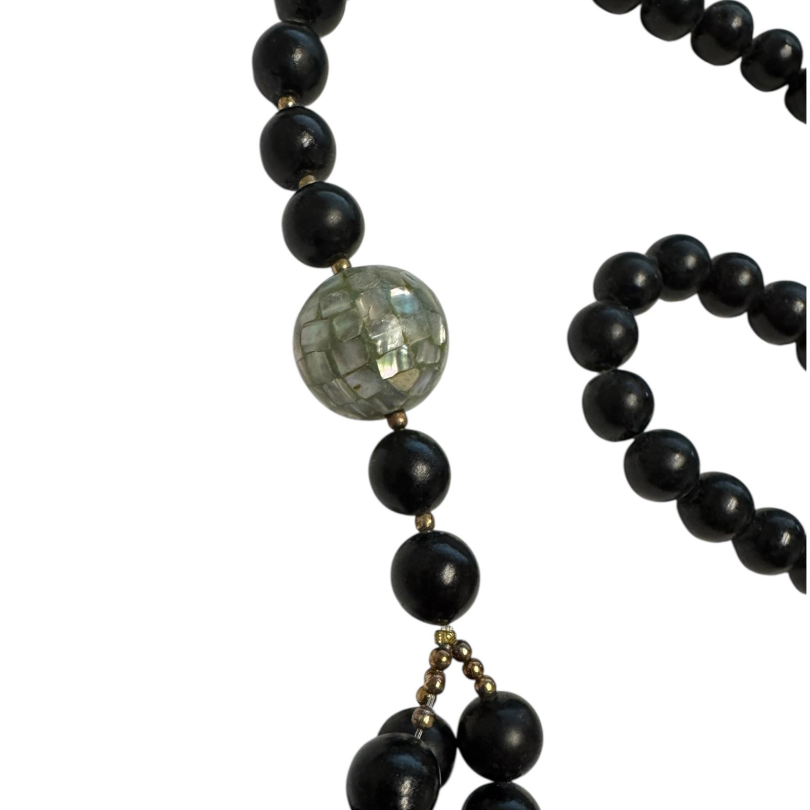 Vintage Lee Sands LS Inlaid MOP Lady in Red Hat Necklace Black Beads 13″ Figural