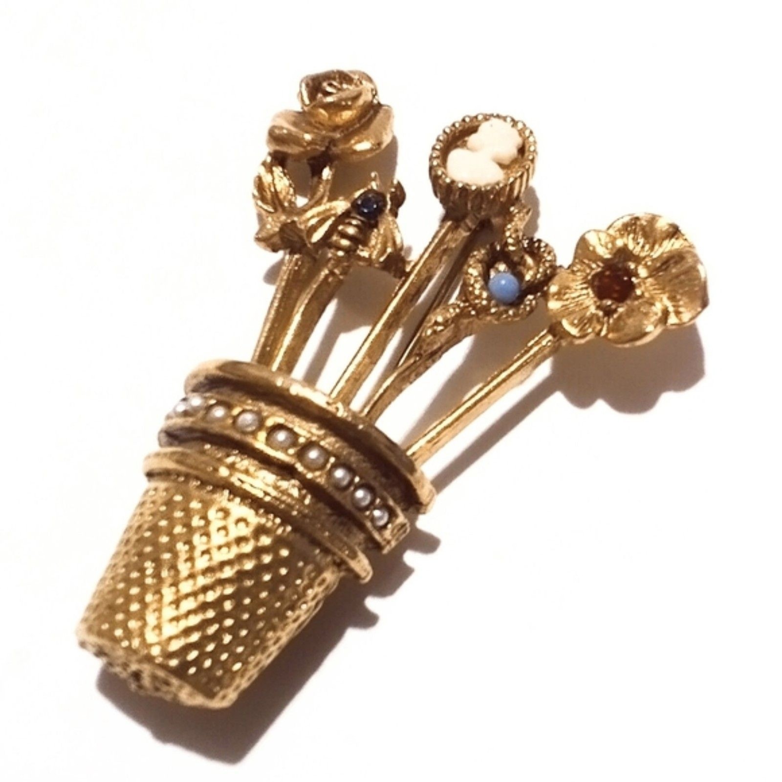 Vintage Mid Century Unsigned Goldette Thimble Floral Bouquet Brooch
