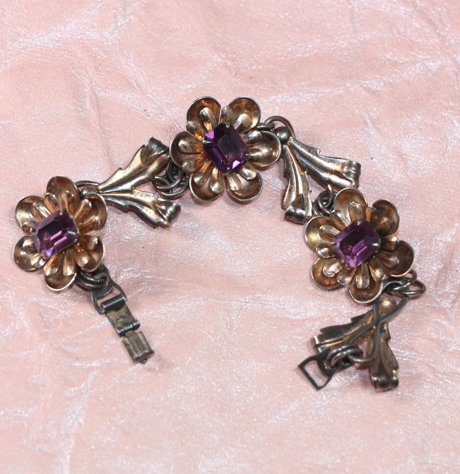Vintage 1930s Bracelet Gold Wash Sterling Silver Flowers w Faceted Purple Stones