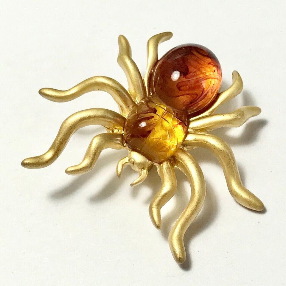 Vintage Honey Amber Spider Pin Brooch Insect Halloween Simulated Gold Plated