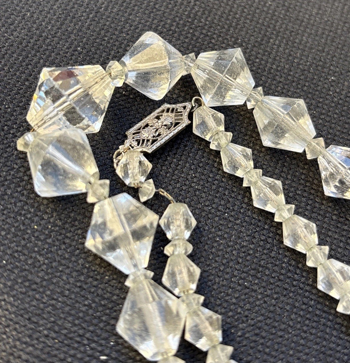 Vintage Clear Glass Crystal Prism/Faceted Bead Necklace String Fish Hook Clasp