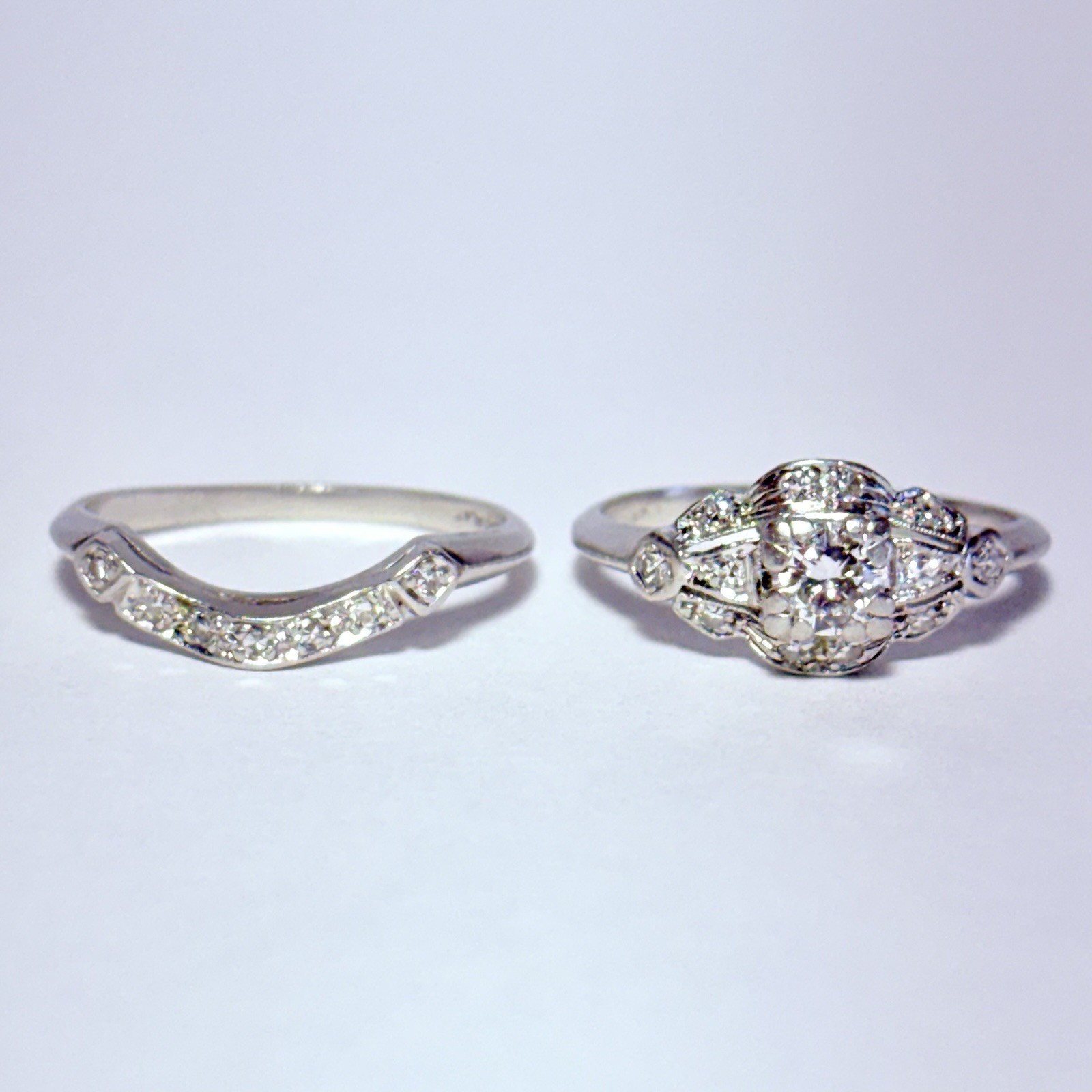 Art Deco Platinum 0.25ct Diamond 0.10ctw Accents Size 7.5 Wedding Ring Set 6.8g