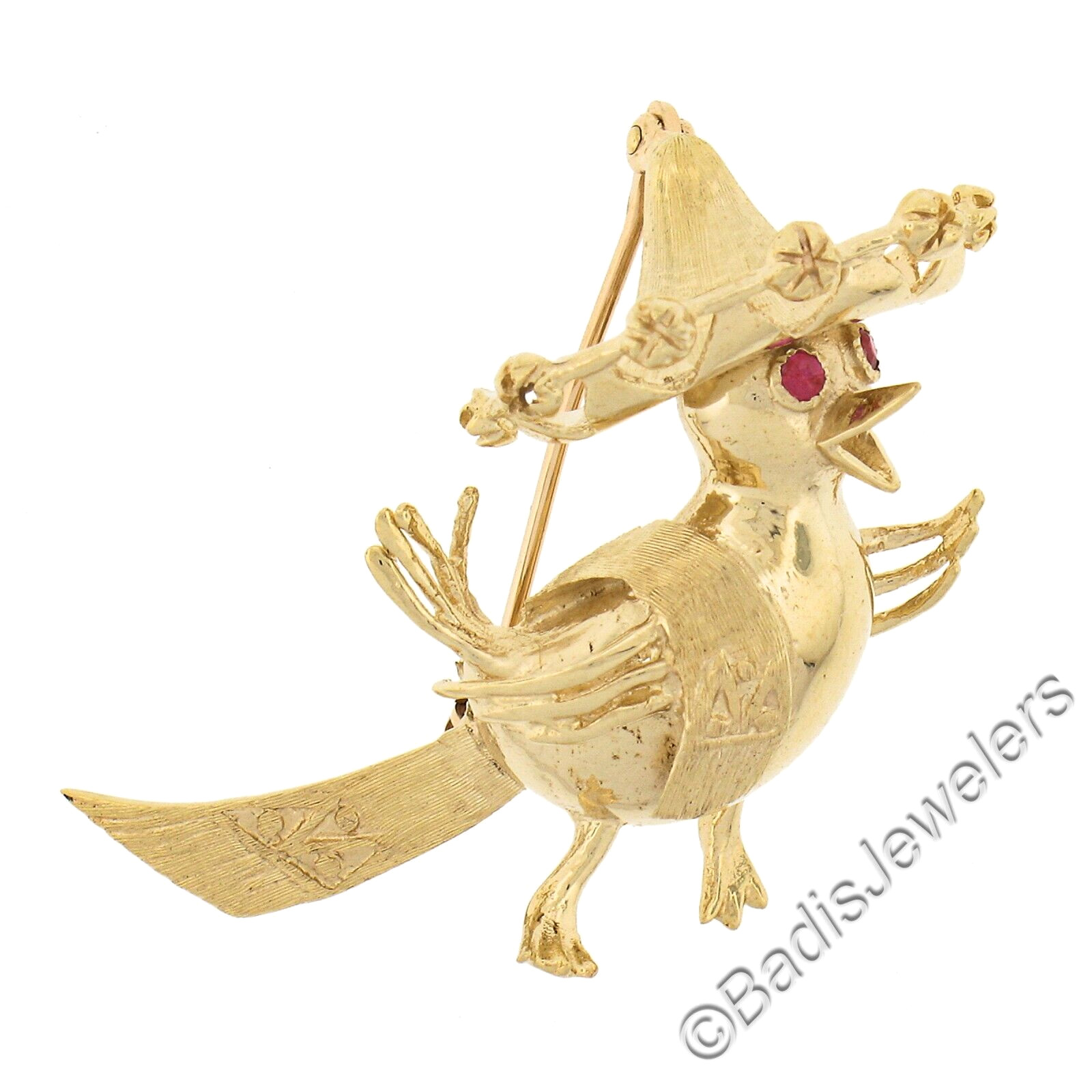 Vintage 14K Gold 3D Detailed Textured Bird with Hat Pin Brooch w/ .04ctw Ruby