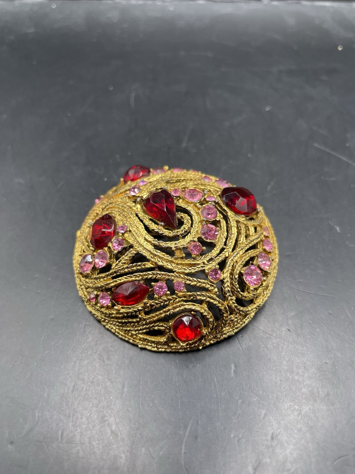 Vintage La Roco Domed Braided Filigree Austrian Crystal Brooch