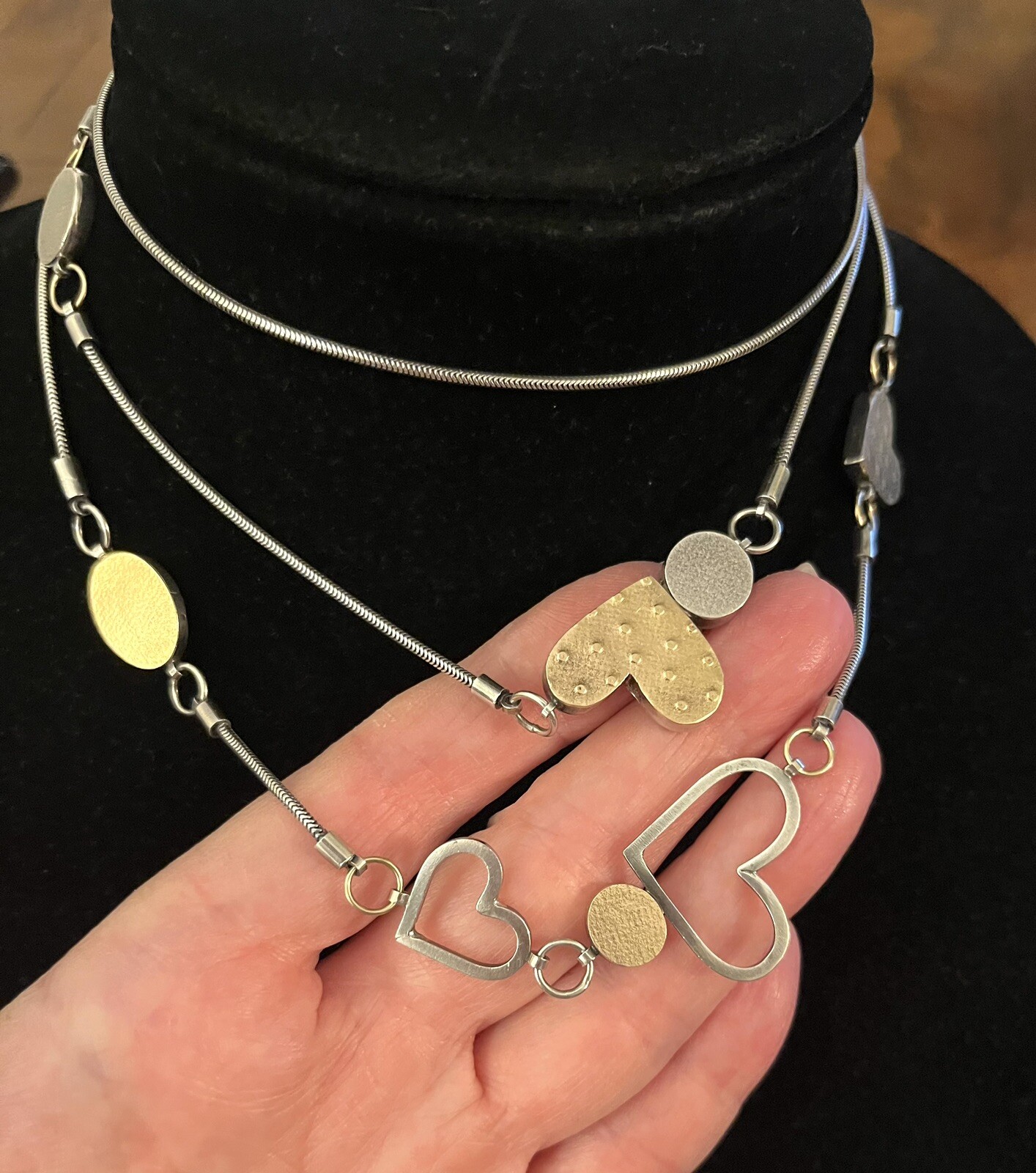 Vtg Estate Mid Century Modernist Textured Sterling Gold Hearts Station Necklace