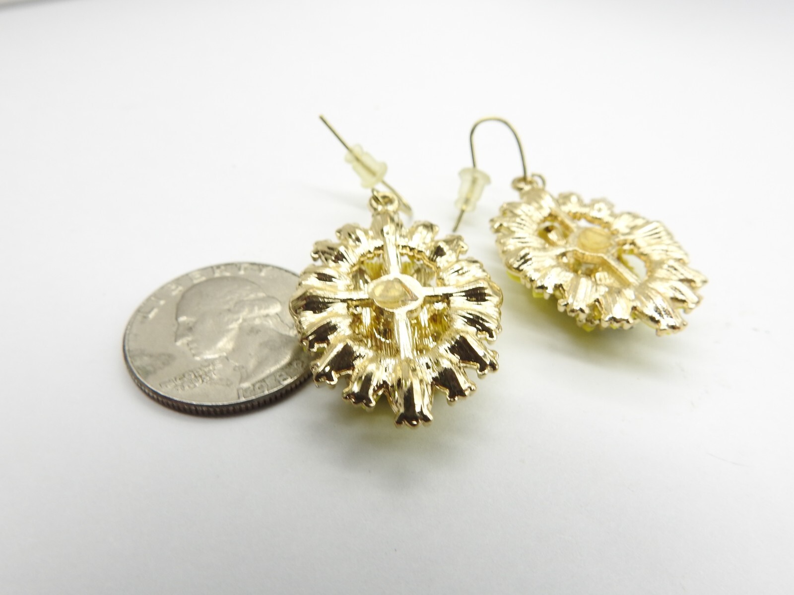 Yellow Acrylic Clear Glass Rhinestone Gold Tone Spray Pierced Earrings Vintage