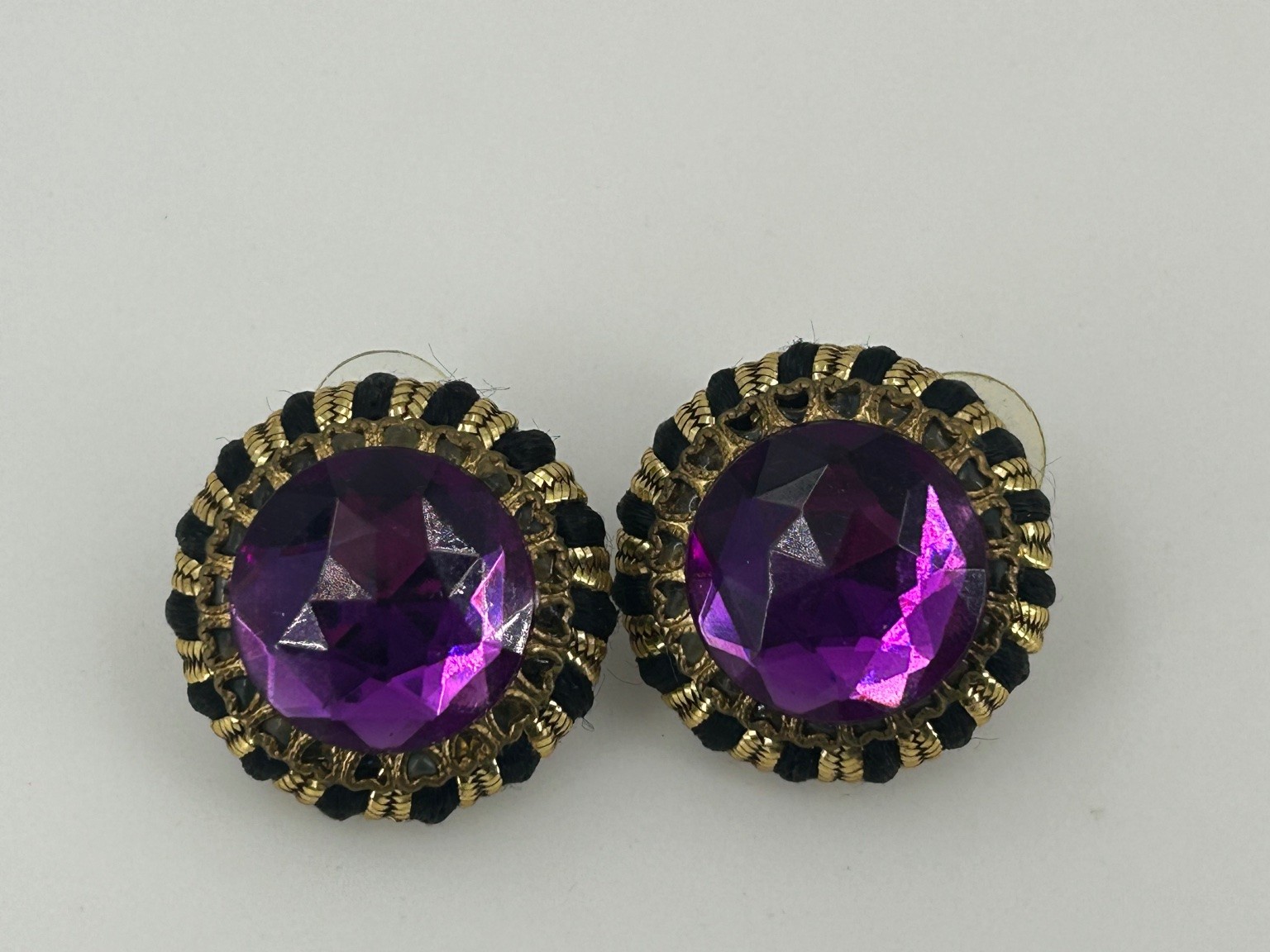 Vintage Stud Earrings Gold Tone Round Purple Faceted Stone Acrylic