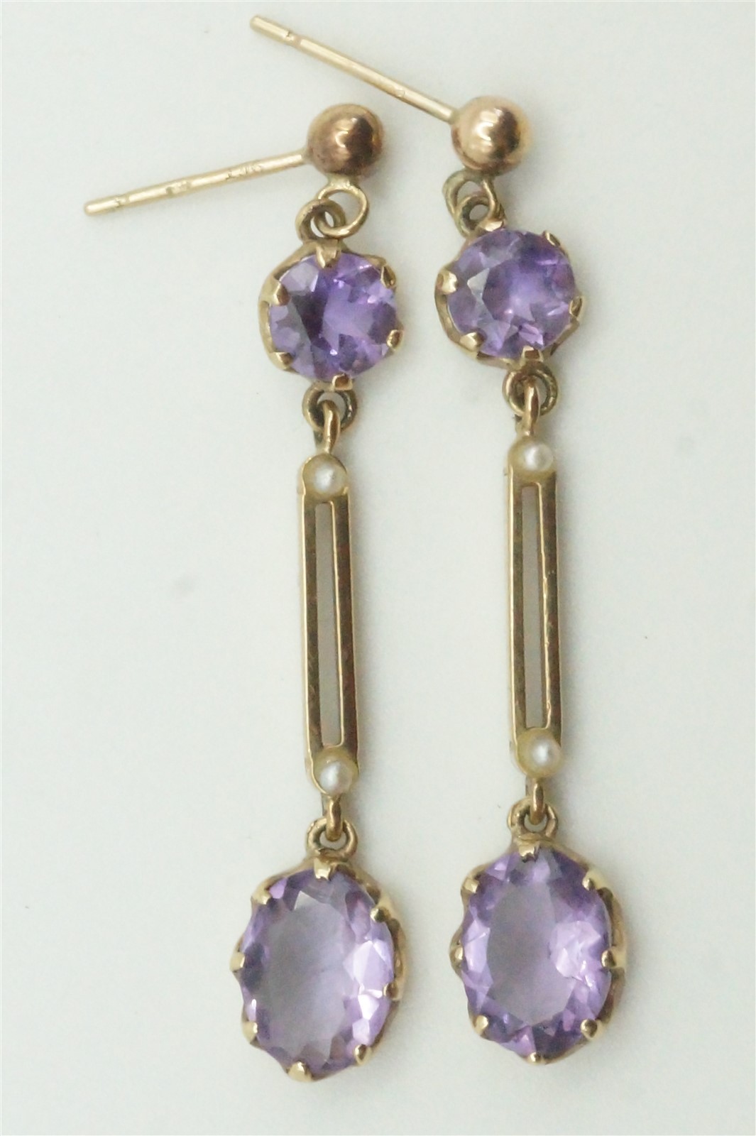 ANTIQUE ENGLISH 9 CARAT GOLD AMETHYST & PEARL DROP EARRINGS c1900
