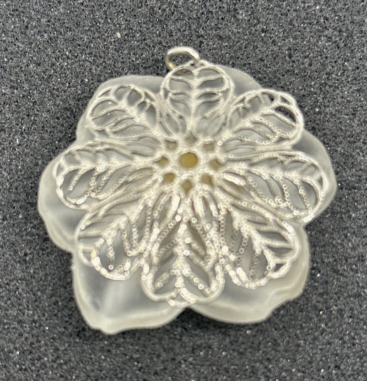 Vintage Carved Frosted Quartz Flower Silver Tone Rhinestone Center Pendant Charm