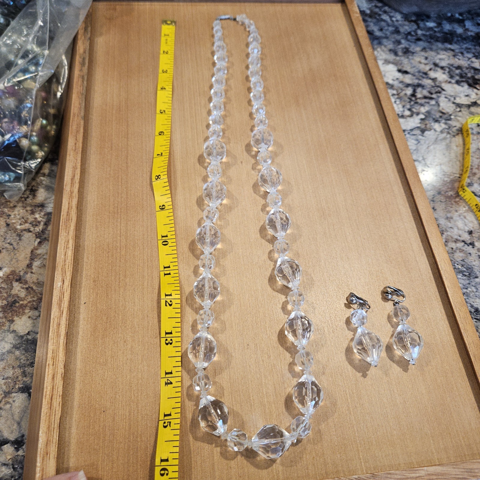 Vintage Retro Clear Lucite Faceted Graduated Round Beads Necklace Earrings Set