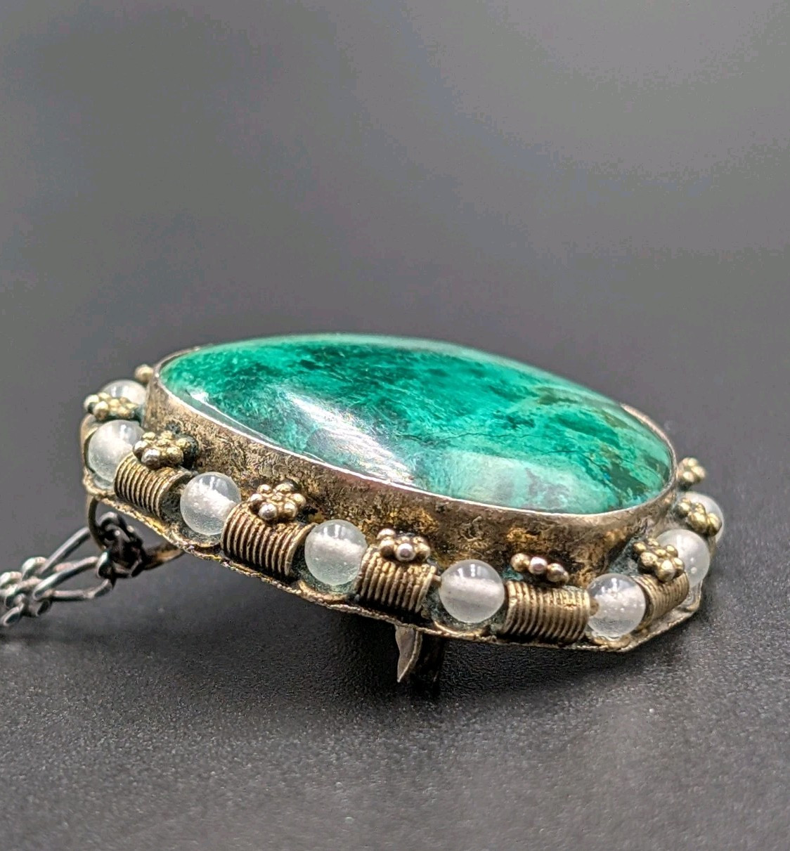 Vtg Sterling Silver Eilat Stone & Glass Beads Pendant/Brooch 22″ Figaro Necklace