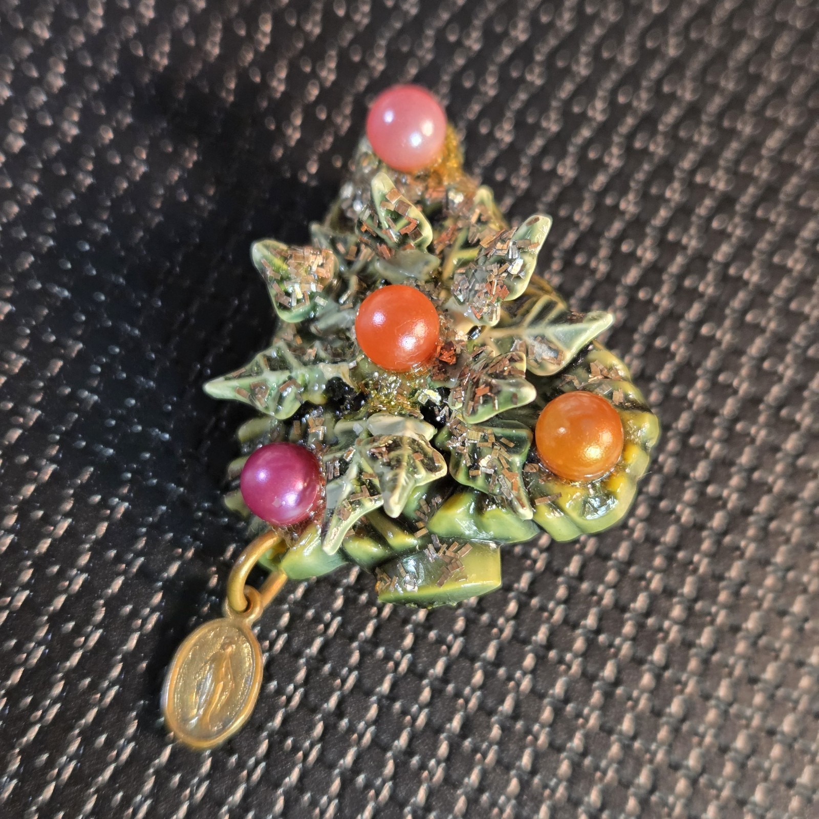 Vintage Christmas Tree Brooch w/ Dangling Micro Devotional Virgin Mary Catholic