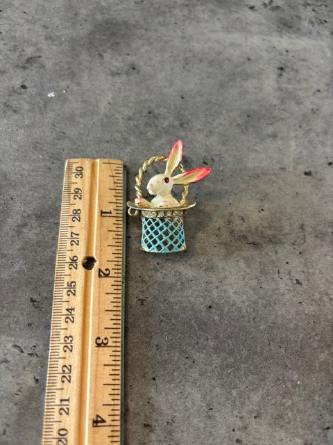 Vintage Easter Bunny Pin White Rabbit in Blue Basket with Pink Ears Brooch