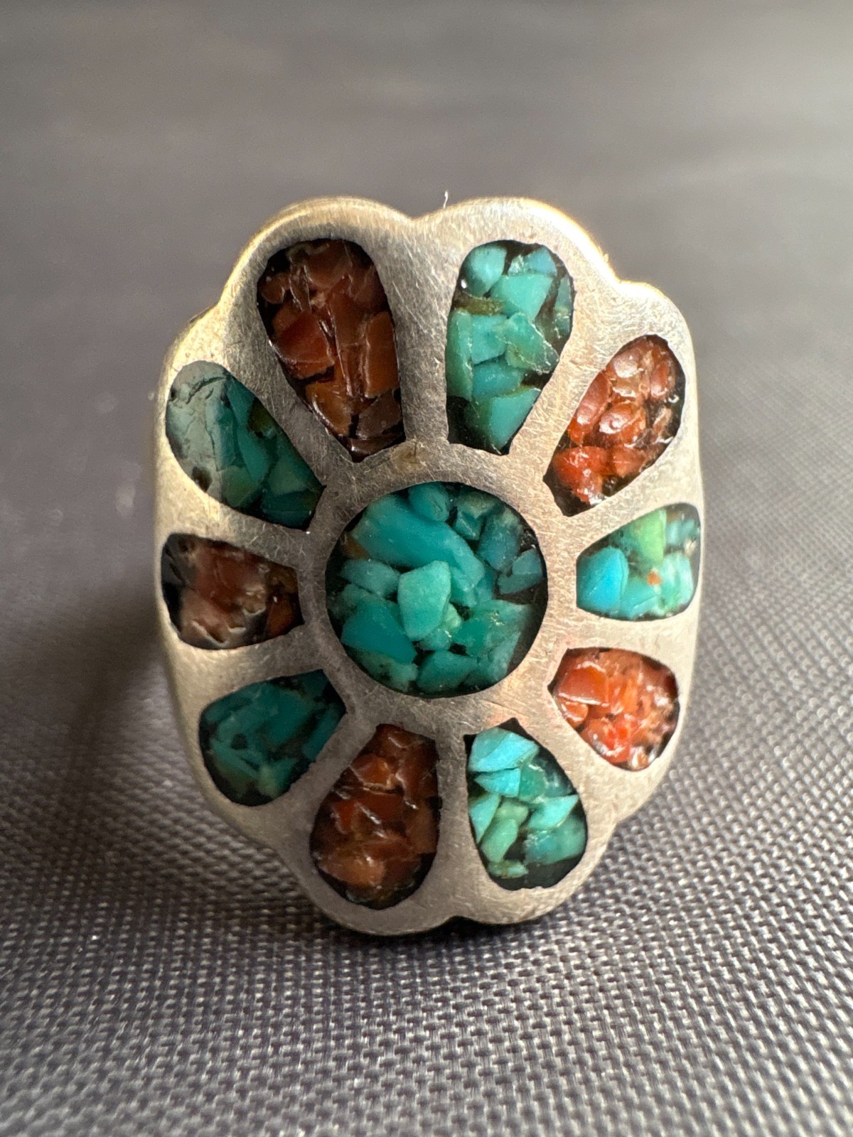 Vintage Silver Native American Turquoise & Coral Chip Inlay Ring Size 6.5 US