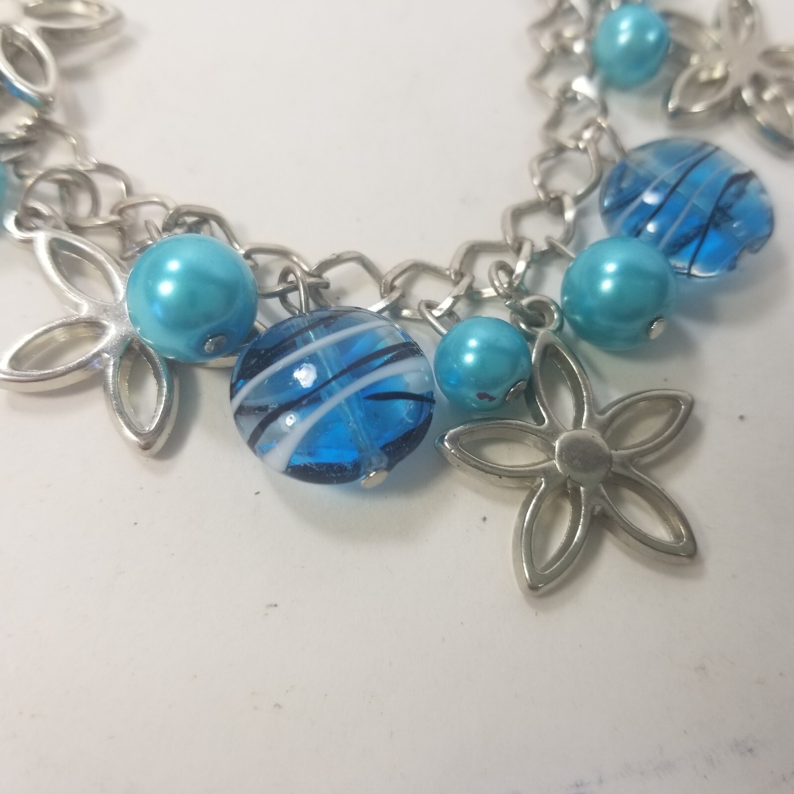 Charm Bracelet Blue Silver Tone Flower Glass Bead Dangle