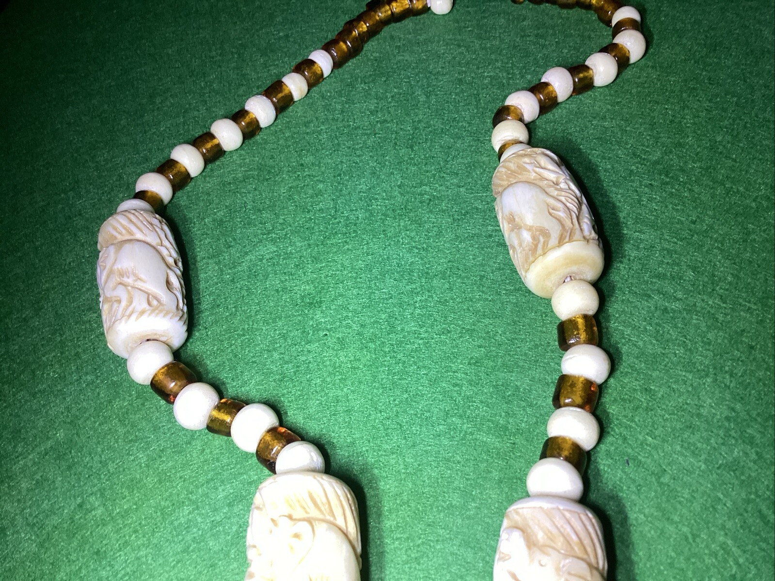Vintage Elephant Theme Carved Bovine Bone & Amber Glass Beads 27” Necklace