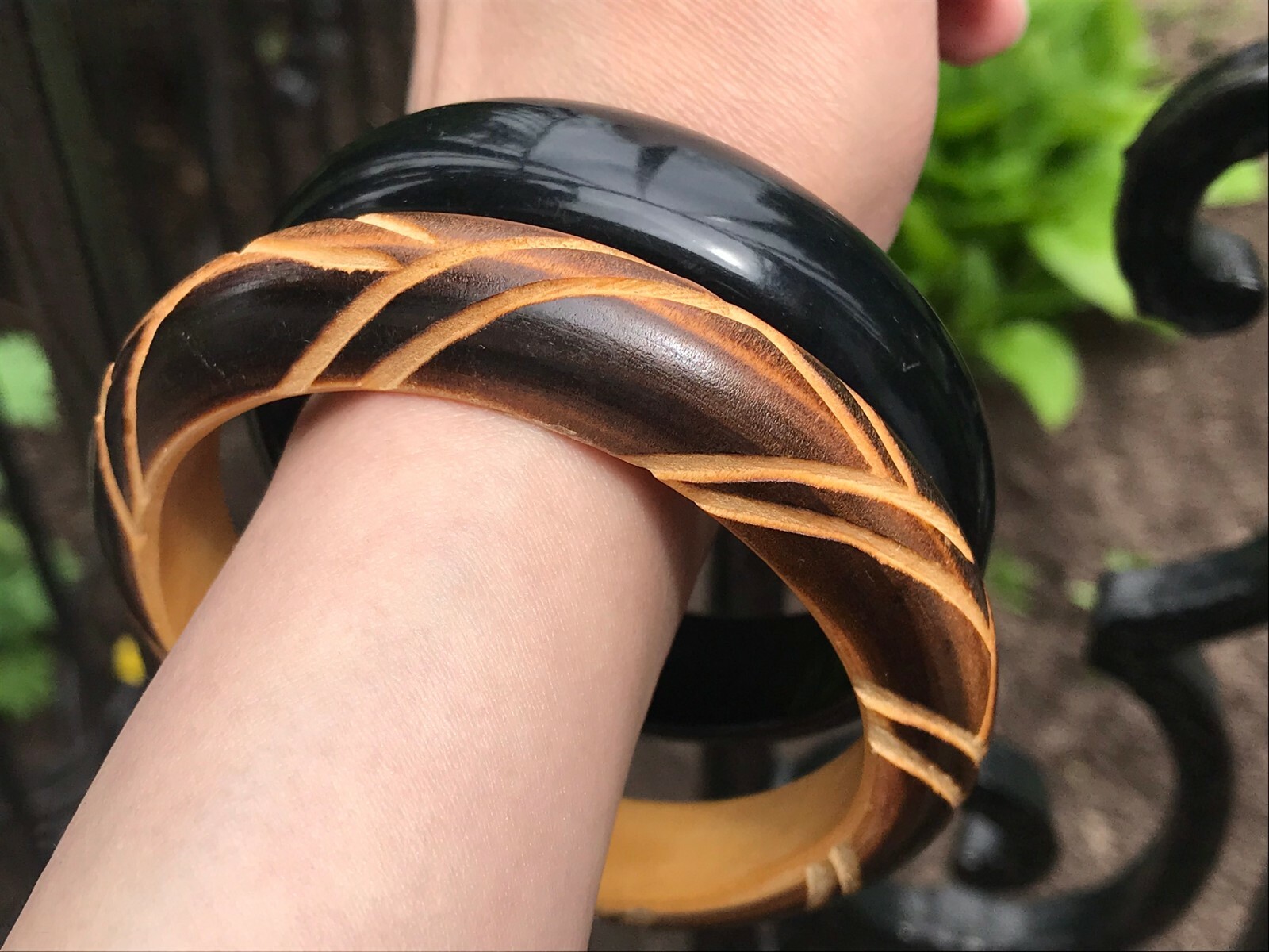 Vintage Bangles Mixed Pair, Lucite and Wood