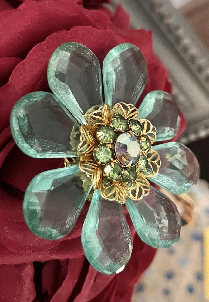 Vintage Mid Century Jumbo Lucite AB Blue Green Aqua Crystal Flower 3” Brooch