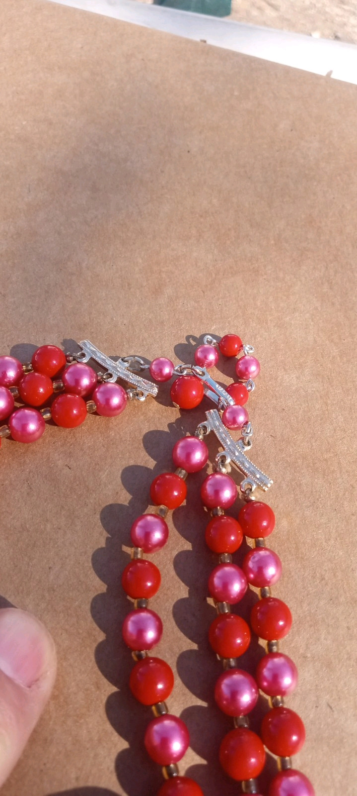 1950’s Japan 3 Strand 21″ Graduated Lucite Beads Necklace Red Purple Pink Signed