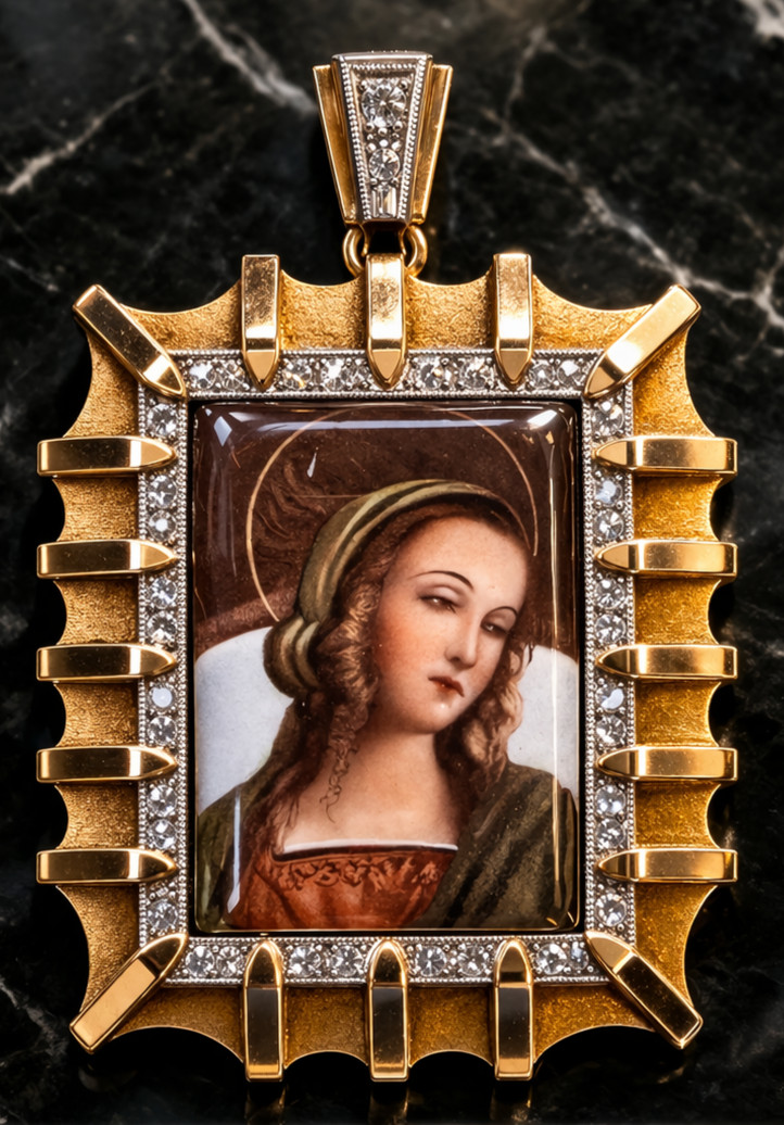 Antique sXIX 18K Gold Diamond Virgin Medallion Pendant Virgin Mary Very Rare SET
