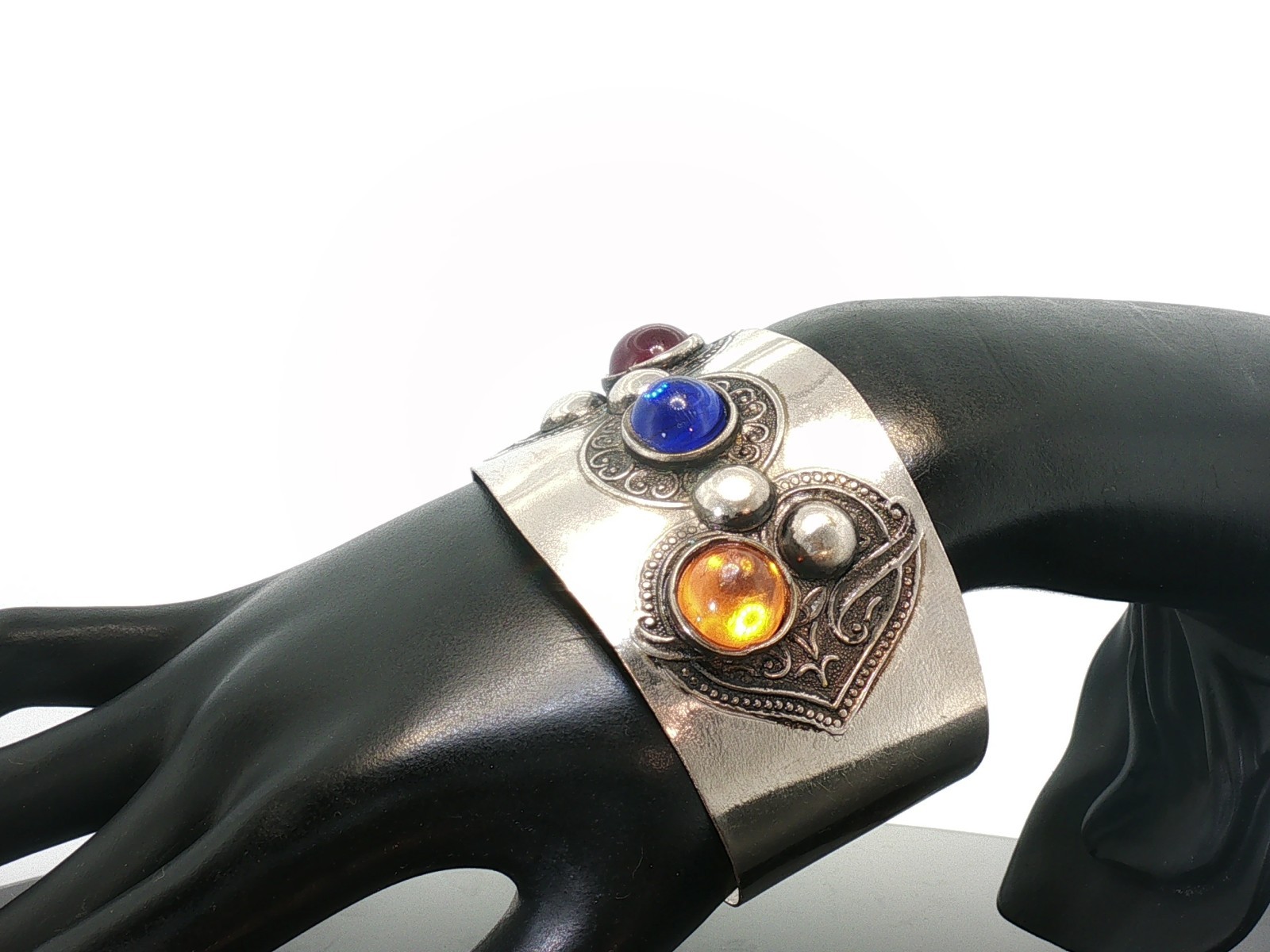 Vintage Boho Silver Tone Cuff Bracelet – Colorful Cabochon Stones