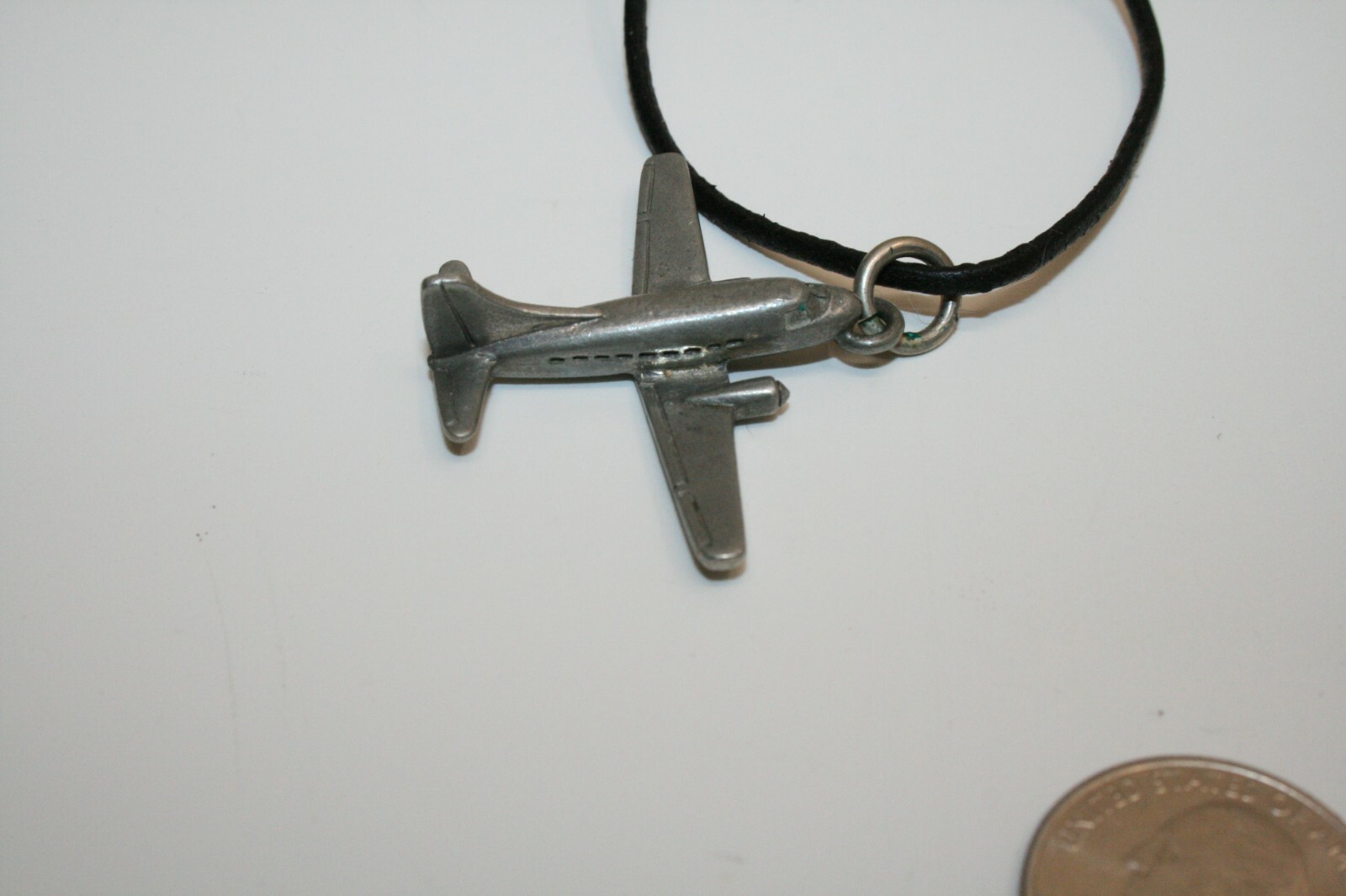 VINTAGE (JIM) CLIFT SIGNED PEWTER AIRPLANE PLANE CORD NECKLACE